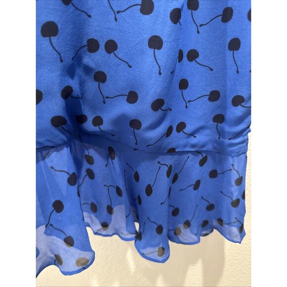 Karina Grimaldi Dress Women’s Size 4 Blue Black Cherry Print Ruched FLAWED - Picture 5 of 16